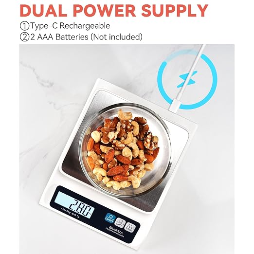 BOMATA 0.1g High Precision Food Scale, USB Rechargeable, 13lb Digital Kitchen Scale with Removable Stainless Steel Pan, Backlit LCD Display, for Cooking, Baking B621 White