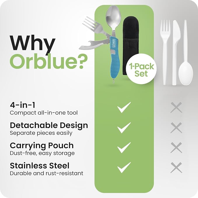 Orblue 4-in-1 Camping Utensils, 1-Pack, Portable Stainless Steel Spoon, Fork, Knife & Bottle Opener Combo Set - Travel, Backpacking Cutlery Multitool, Blue