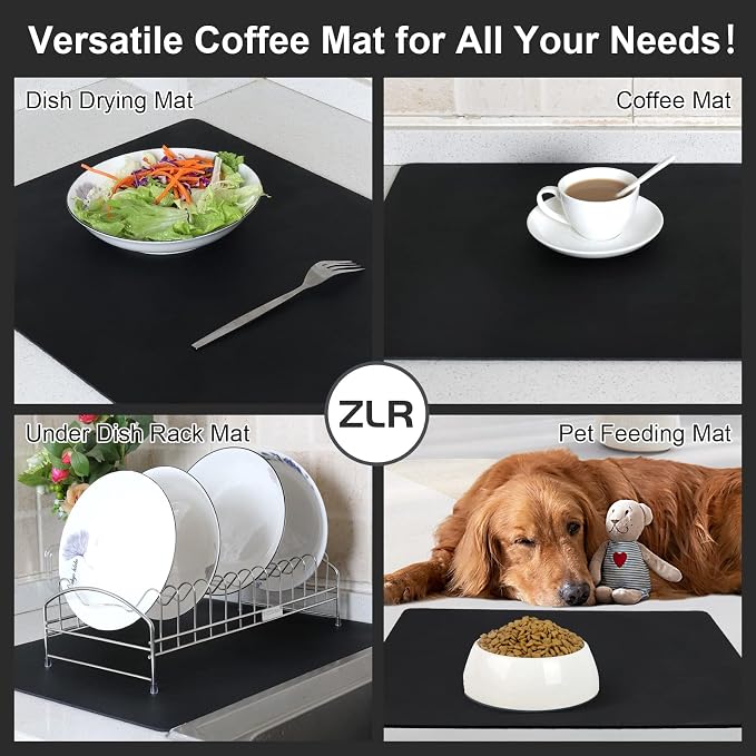ZLR Coffee Bar Mat for Espresso Machine, 12"x20" Medium, Black | Absorbent Dish Drying Mat, Stain-Hiding PU Top, Non-Slip Back, Fits Grinder, Knock Box, Tamper & Milk Frother