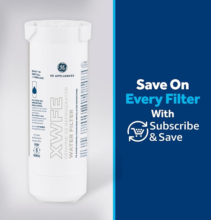 GE XWFE™ Refrigerator Water Filter, Genuine Replacement Filter, Certified to Reduce Lead, Microplastics, PFOA/PFOS, and 50+ Other Impurities, Compatible with GE Appliances Brands, Pack of 2