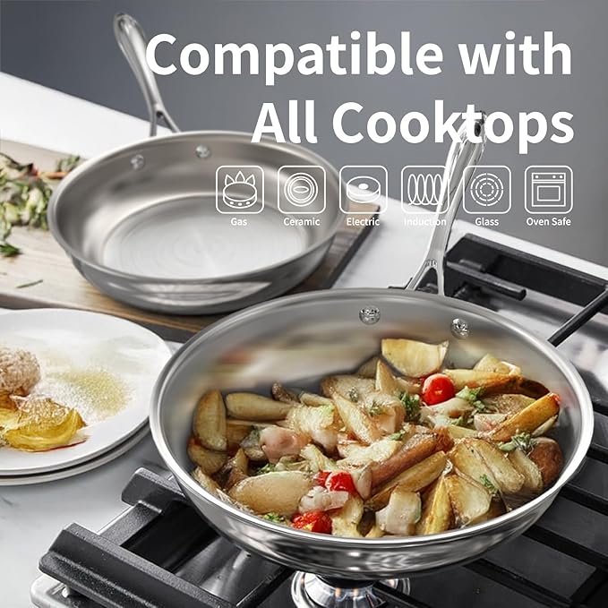 9.5 Inch Stainless Steel Frying Pan, 5-Ply Stainless Steel Skillet, Dishwasher and Oven Safe, Induction Pan, Even Heat Distribution