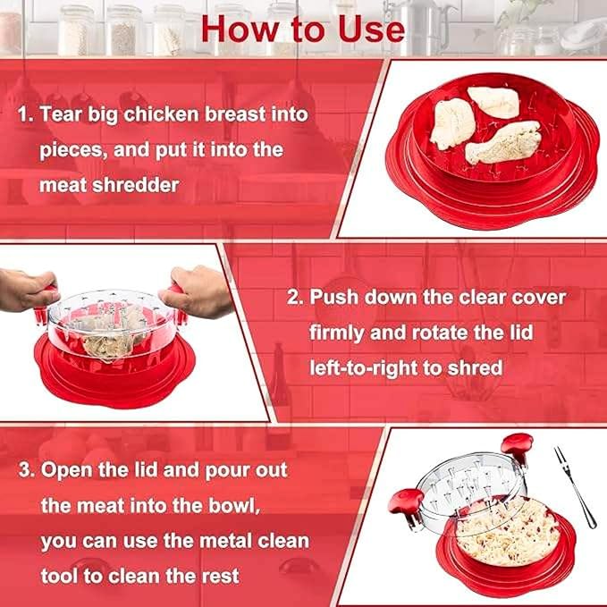 Chicken Shredder Tool Twist Large 10 Inch - Manual Chicken Breast Shredder, Clear Lid Meat Shredder Tool for Pork Beef, Non Slip Base, Easy Clean Dishwasher Safe (Cherry Red)