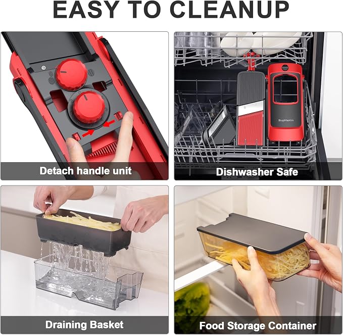 SUPMAKIN Safe Mandoline Slicer, Adjustable Vegetable Food Slicer and Chopper, Potato Fries Fry Cutter, Veggie Salad Chopper, New Kitchen Chopping Artifact Gifts (4V RED)