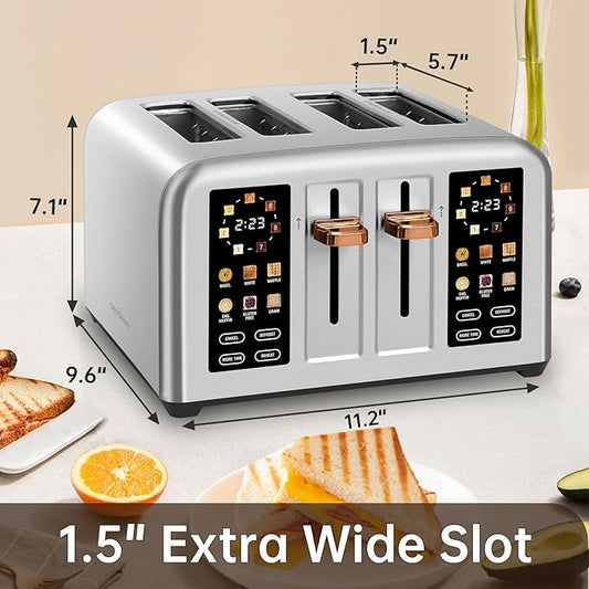SEEDEEM Toaster 4 Slice, Stainless Steel, Touch Screen for Dual Control, Digital Timer, Smart Toaster with 6 Bread Type, 7 Shade Setting, 1.5''Wide Slot, Removable Crumb Tray, 1800W, Silver Metallic