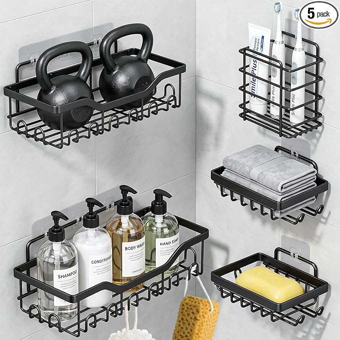 Fammart Adhesive Shower Caddy, 5-Pack Rustproof Stainless Steel Bathroom Organizer with 28 Hooks, No-Drill Large Capacity Shower Shelves for Bathroom Storage & Home Décor, Black