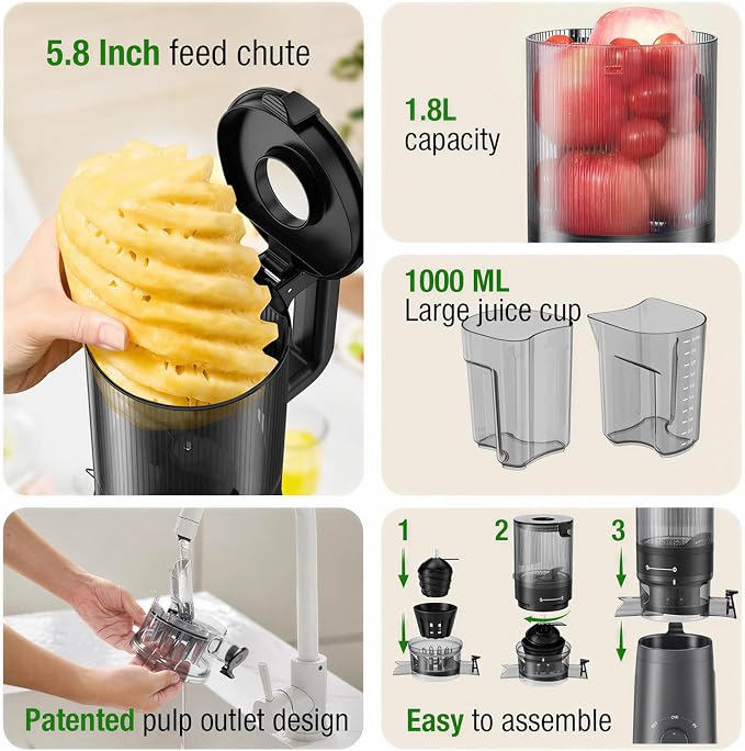 TUUMIIST Cold Press Juicer Machine, 5.8 Inch Extra Large Feed Chute for Whole Fruits, Easy to Clean Slow Juicer, High Yield, BPA Free - Grey