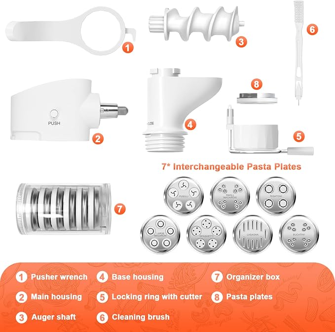 KITOART Pasta Press Attachment for Kitchenaid Stand Mixers, 7-in-1 Plates | Pasta Extruder Kit with 7 Plates for Spaghetti, Rigatoni, Macaroni, Lasagna, Bucatini, Fusilli, Easy for Fresh Homemade Pasta