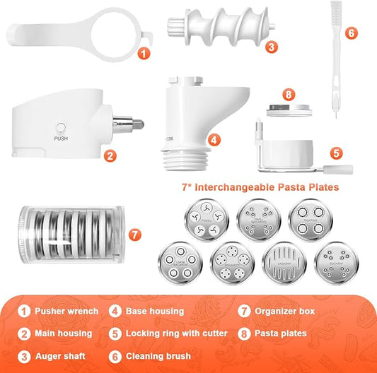 KITOART Pasta Press Attachment for Kitchenaid Stand Mixers, 7-in-1 Plates | Pasta Extruder Kit with 7 Plates for Spaghetti, Rigatoni, Macaroni, Lasagna, Bucatini, Fusilli, Easy for Fresh Homemade Pasta