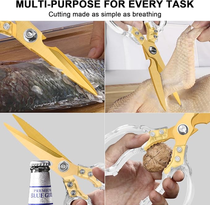 CGBE Kitchen Scissors, Multi-Purpose Kitchen Shears, Heavy Duty Food Scissors for Chicken, Poultry, Fish, Meat & Herbs with Non-Slip Grips - Transparent Gold