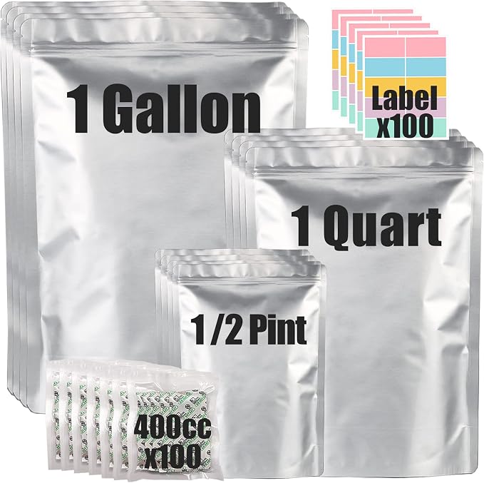 100pcs Mylar Bags for Food Storage 12 Mil Thick with 150x400cc Oxygen Absorbers & Labels, 3 Sizes (1 Gallon, 1 Quart, 1/2 Pint) - Stand-Up, Resealable & Heat Sealable for Long Term Food Storage