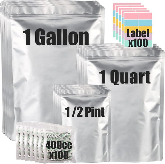 100pcs Mylar Bags for Food Storage 12 Mil Thick with 150x400cc Oxygen Absorbers & Labels, 3 Sizes (1 Gallon, 1 Quart, 1/2 Pint) - Stand-Up, Resealable & Heat Sealable for Long Term Food Storage