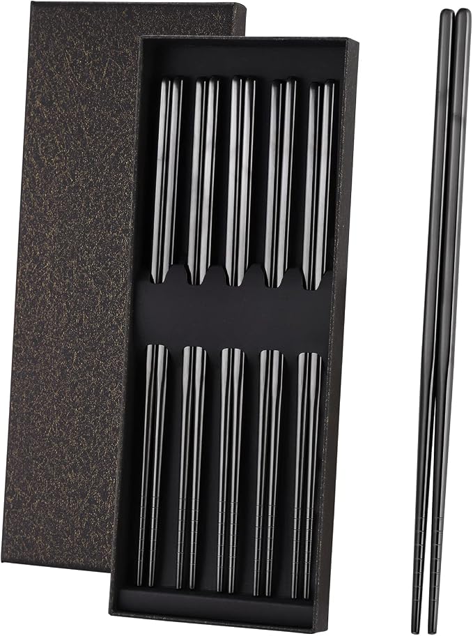 Black Stainless Steel Chopsticks - Multifunction Reusable Chopsticks - 5 Pairs Dishwasher Safe Metal - Easy to Use - Pressure Line Lightweight Chop Sticks