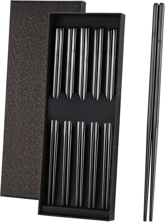 Black Stainless Steel Chopsticks - Multifunction Reusable Chopsticks - 5 Pairs Dishwasher Safe Metal - Easy to Use - Pressure Line Lightweight Chop Sticks