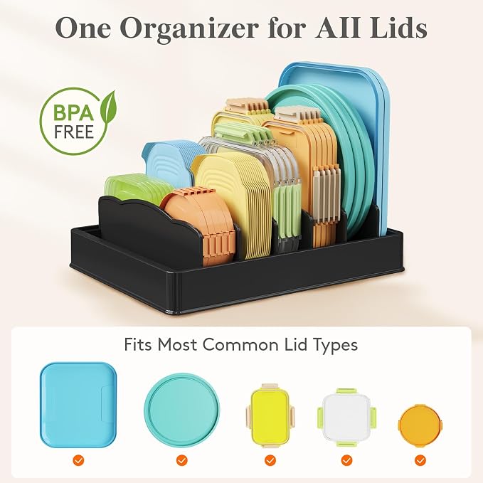 Lifewit Kitchen Cabinet Organizer for Food Contanier Lid with 7 Sections | Lid Holder with 6 Adjustable Dividers for Pantry Organizers and Storage, Home Drawer Organization, Black, Large, 13" x 10"
