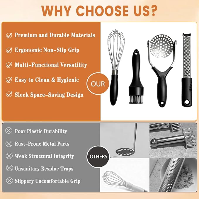 Kitchen Gadgets Set Stainless Steel Cooking Tools Essentials, Black, 4Pcs | Includes Whisk, Meat Tenderizer, Potato Masher Smasher, Grater Zester, Soft Ergonomic Handle, Dishwasher Safe, Space Saving