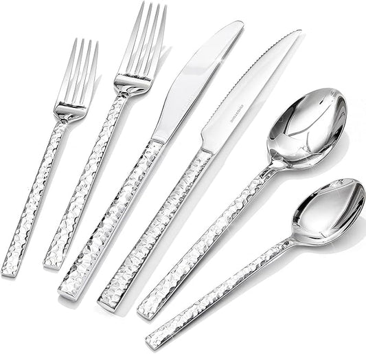 KINGSTONE 36 Piece Silverware Set with Steak Knives, Hammered Silverware Set for 6, 18/10 Stainless Steel Flatware, Cutlery Set for Home, Party, Wedding, Mirror Polished Dishwasher Safe