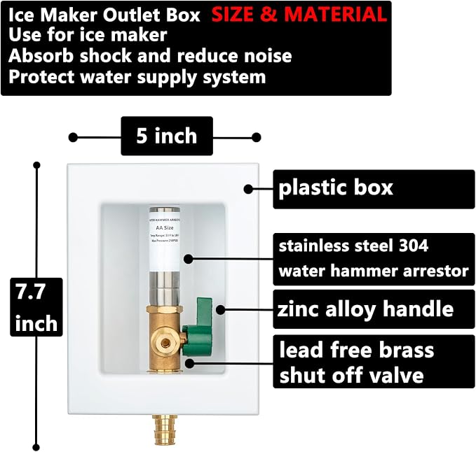 (1 Pack) Lidertik 1/2 inch Expansion PEX-A Pre-Assembled Ice Maker Outlet Box Valve 1/4 inch Recessed Refrigerator Water Line with Shut Off Valve and Stainless Steel Water Hammer Arrestor LI-ZBQH-631