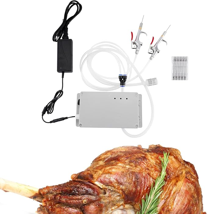 Electric Meat Injector Gun Pump with Hose, Stainless Steel Marinade Injector Syringe 70W with 10 Needles for BBQ, Turkey, Pork, Beef (Double Gun)