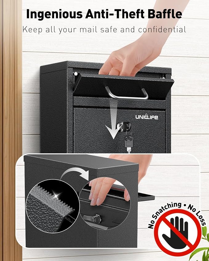 Uniclife Wall Mount Mailbox for Outside, Locking Mailbox with Key Lock | Anti-Theft Function, Heavy Duty, Large Mailbox with Key Lock, Safe Key Drop Box, Steel Cash Drop Box for Home Office, Black