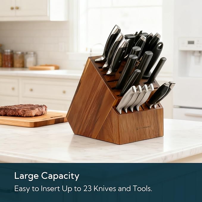 KITCHENDAO 25 Slot Acacia Wood Knife Block without Knives, Large Universal Knife Holder for Kitchen, Holding Multiple Types of Knives, Countertop Butcher Block Knife Stand for Easy Kitchen Storage