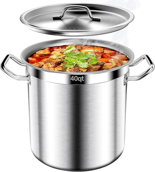 Large Soup Pot with Lid - 40 QT Stainless Steel Stockpots, Cooking Pots, Stock Pot with Lid, Big Pots for Cooking, Heavy Duty, Induction & Oven Safe, Stainless Steel Soup Pots