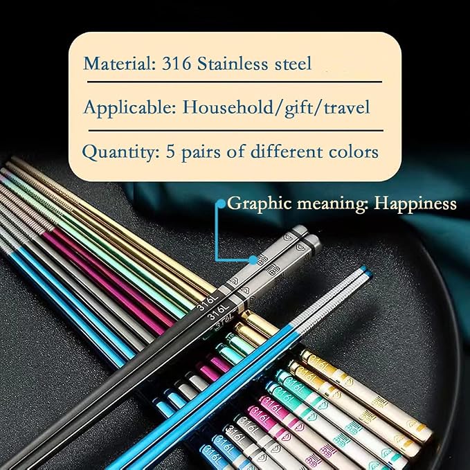 5 PaIrs Color 316 Stainless Steel 18/10 Reusable Chopsticks Set With Case Rainbow Multicolor Non-Slip Chopsticks Black Purple Gold Colored Blue For Dining Sushi Noodle Hot Pot,Dishwasher Safe