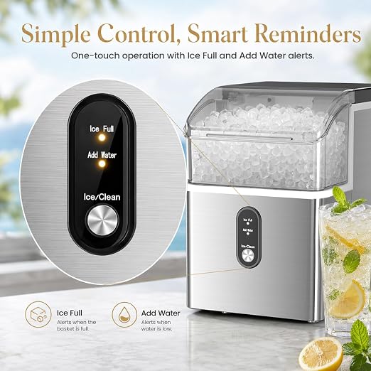 Kismile Nugget Ice Makers Countertop,35Lbs/24H,Portable Sonic Ice Machine with Self-Cleaning,One-Click Operation for Home/Office(Stainless Steels Silver)