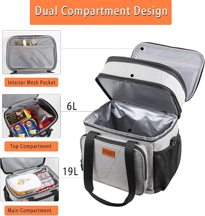 Expandable Lunch Box Cooler Bag - Insulated Soft Lunch Bag for Men Women - Large Lunchbox for Adults Work Camping Outdoor Travel Grey 22L