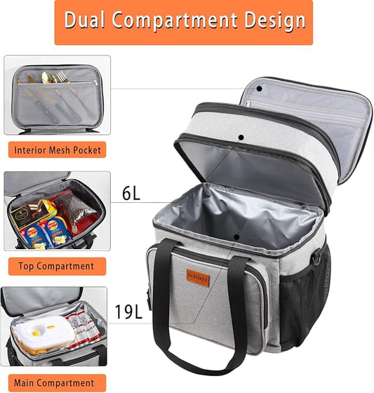 Expandable Lunch Box Cooler Bag - Insulated Soft Lunch Bag for Men Women - Large Lunchbox for Adults Work Camping Outdoor Travel Grey 22L