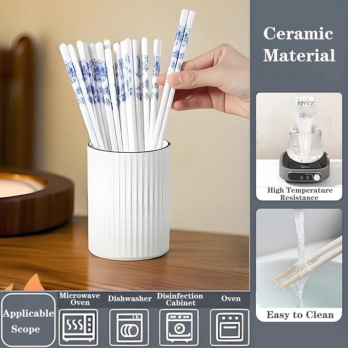 Ceramic Chopsticks Reusable 5PC,Porcelain Chop Sticks,Blue White,9.7'' | Easy to Clean,Dishwasher Safe,Heat Resistant,5 Pairs,with a Gift case,Cooking Chopsticks,High-grade Bone China Porcelain