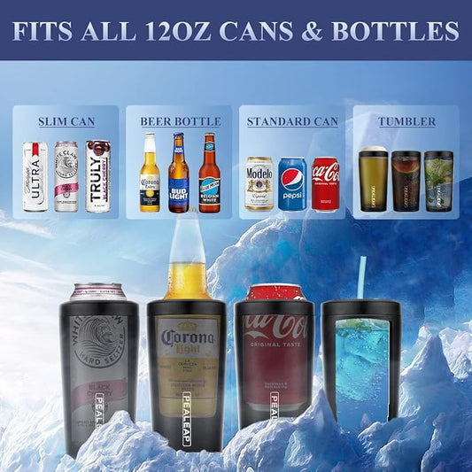 Pealeap 4-in-1 Insulated Slim Can Cooler for All 12oz Cans & Beer Bottles | Double-walled Stainless Steel Vacuum Can Cozy | Keep 8Hrs Cold | Universal Fits 12oz Drinks | No Sweat | Cup Holder Friendly