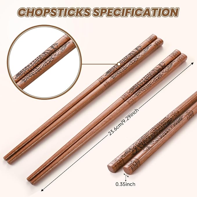 Reusable Chopsticks, Hand-Carved Phoenix Design Wooden Chopstick, Chinese Chopsticks Reusable Dishwasher Safe, Chop Sticks Gift Sets - 4 Pairs