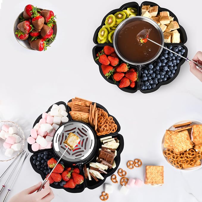 2-in-1 S’mores Maker & Fondue Set, Indoor Tabletop Marshmallow Roaster with Temperature Control, 4 Detachable Trays, 4 Forks and Heated Bowl, Movie Night Supplies & Housewarming Gifts