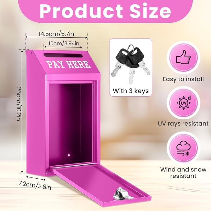 Yaocom Safe Metal Cash Box for Farm Stand – Money Drop and Secure Donation Collection, Wall Mount Lockable Unit with Pre Drilled Holes for Outdoor Self Serve(Rose Red,10.2 x 5.7 x 2.8 Inch)