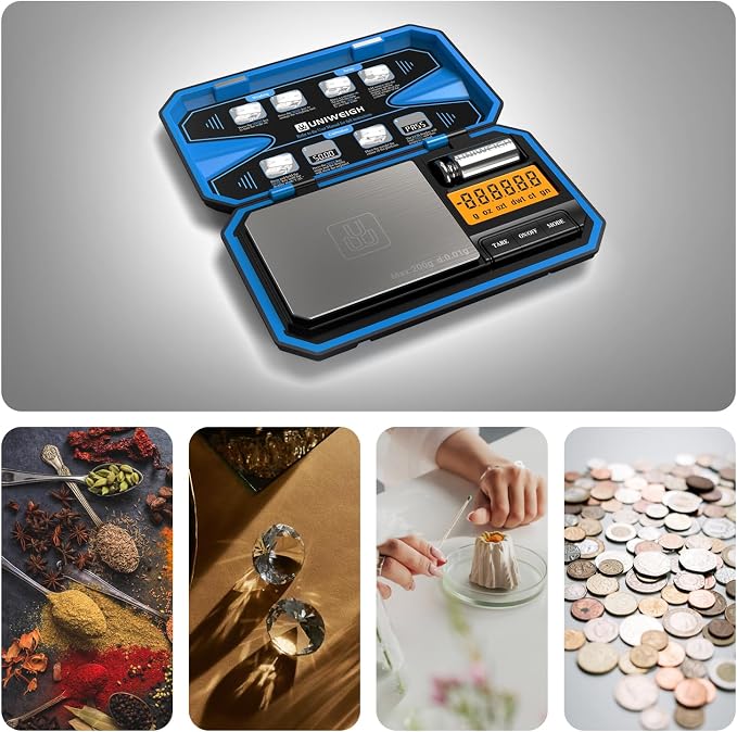 UNIWEIGH Digital Pocket Scale 200g/0.01g, Digital Gram Scale Precision | Mini Jewelry Scales digital weight grams with 50g Cal Weights for food,Jewelry,Coins,small items,(Battery Included)-Blue