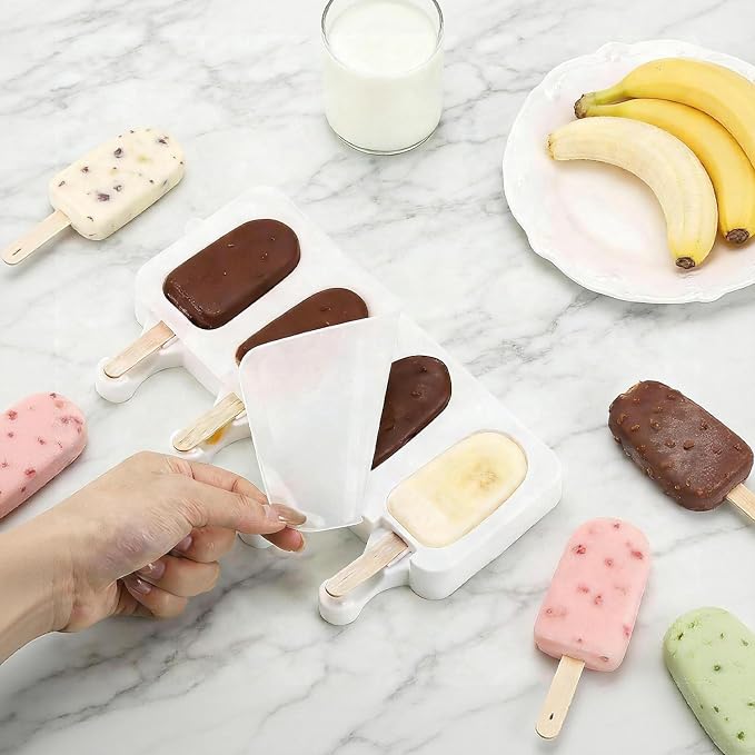 2 Pack Silicone Popsicle Molds, Largre Oval 4 Cavities Homemade Ice Pop Molds with 100 Wooden Sticks for Ice Cream, Cakesicles, Cake Pop