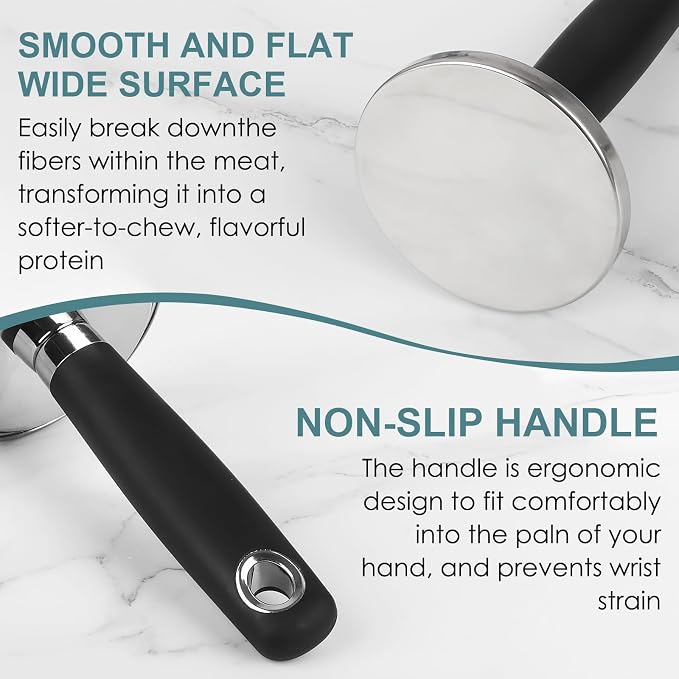 Meat Pounder Tenderizer, Stainless Steel Kitchen Meat Tenderizer Hammer, Round Chicken Flattener Tool with Comfortable-Grip Rubber Handle for Flattening Cutlets and Tenderizing Meat