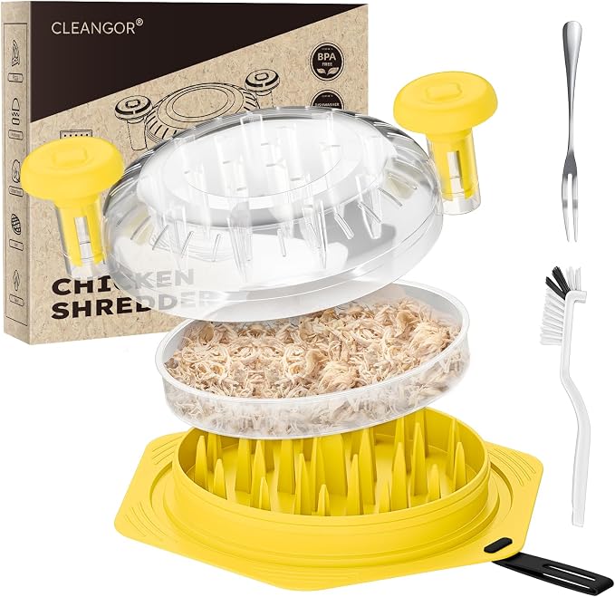 CLEANGOR Chicken Shredder Tool Twist Large, BPA Free Meat Shredder | with Ergonomic Handle, Non-Slip Food Shredder Tool for Pork, Beef, Set of Chicken Breast Shredder with Brush & Fork