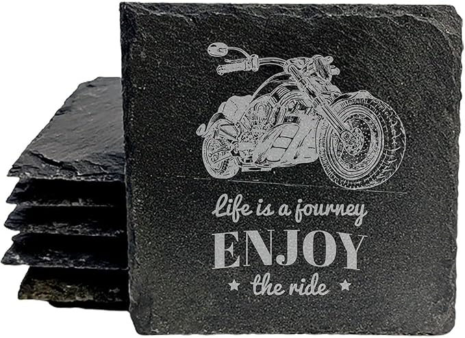 The Open Road Awaits: Motorcycle Coasters with Inspirational Quote - Square Slate - Set of 8