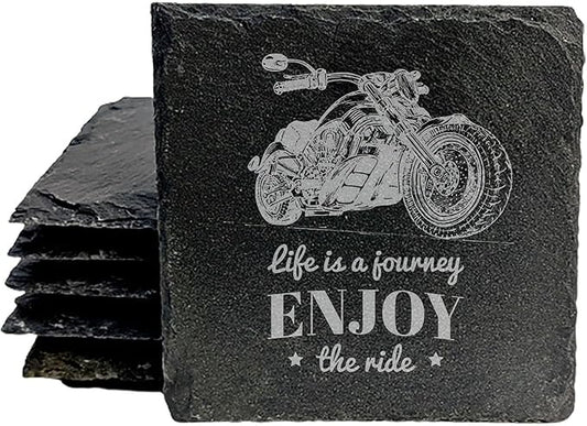 The Open Road Awaits: Motorcycle Coasters with Inspirational Quote - Square Slate - Set of 5