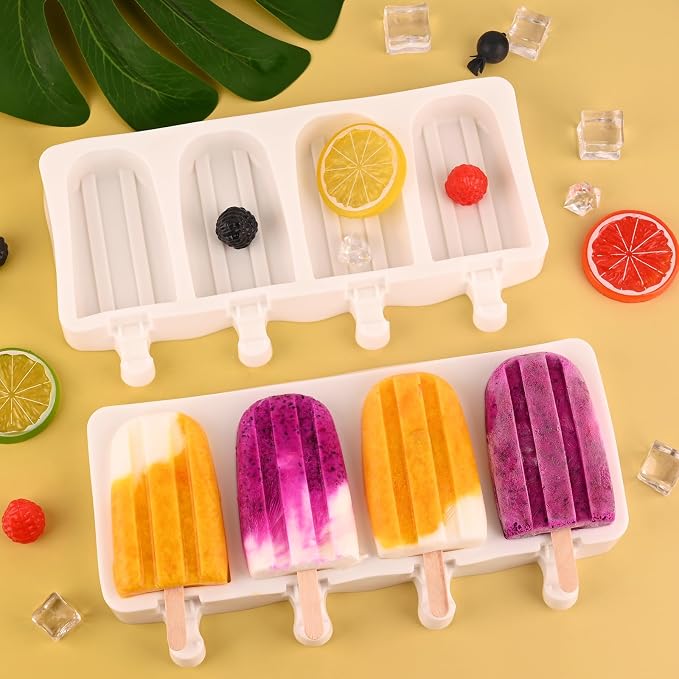 WMKGG Popsicle Silicone Molds Set, 2 PCS Ice Cream Molds with 50 Wooden Sticks for Cake Pop, Ice Pop, Cakesicles (White)