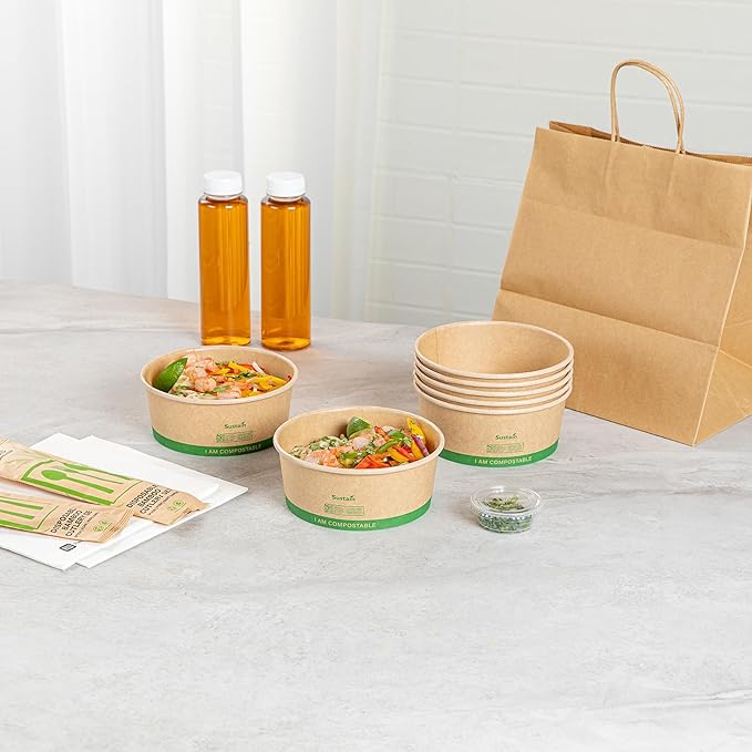 Restaurantware Paper Food Containers 200 Pack Of 25 oz Disposable Round Kraft Salad Bowls BPI-Certified Compostable Stackable Greaseproof Meal Prep Take Out Containers For Soups, Snacks And Desserts