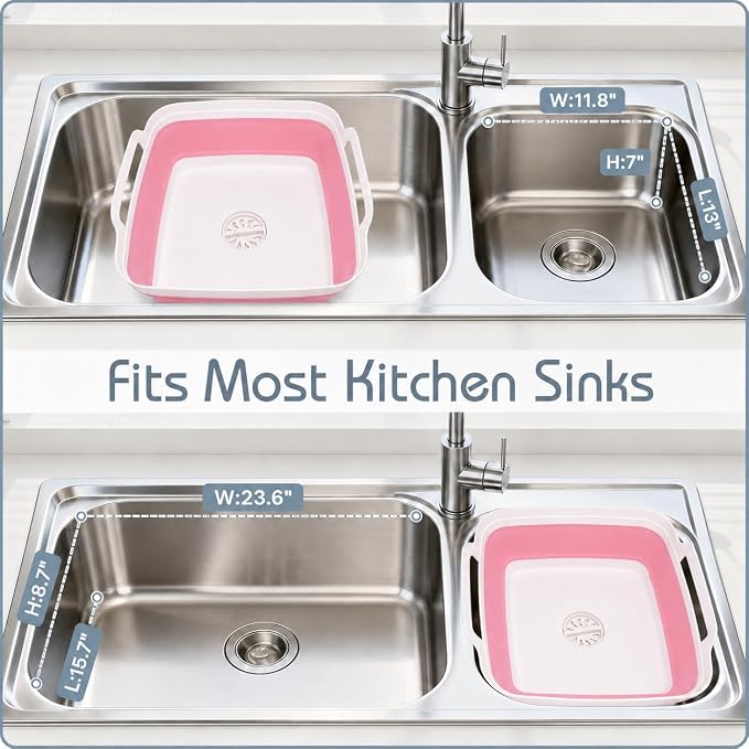 2.4 Gal(9L) Collapsible Dish Basin with Drain Plug, Space Saving Outdoor Multiuse Foldable Sink Tub, Dishpan, Kitchen Storage Tray for Camping, Vegetable Washing, RV (Pink)