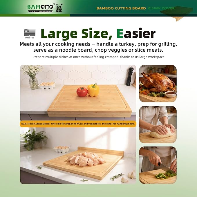 BAMOTTO CRAFTBAMBOO 18.9x22 Inch Extra Large Bamboo Cutting Board Over Sink | Non-Slip Detachable Lip | Reversible Juice Groove | Kitchen Noodle Board | RV Stovetop Cover | Turkey Carving