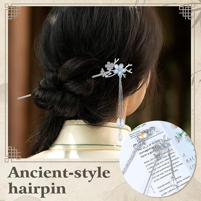 inSowni 8 Pcs Retro Vintage Asian Chinese Traditional Hanfu Silver Metal Flower Hair Sticks with Pearl Bead Pendants Bamboo Lotus Long Hair Chopsticks Forks Bun Updo Holders Hairpins for Women Girls
