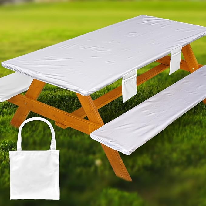 Wrakus Picnic Table Cover with Bench Covers Vinyl Elastic Edges Fitted Rectangle Seat Tables Waterproof 3-Piece96X30in Set Outdoor Rectangular Folding Backing Tablecloth for Camping Over Size
