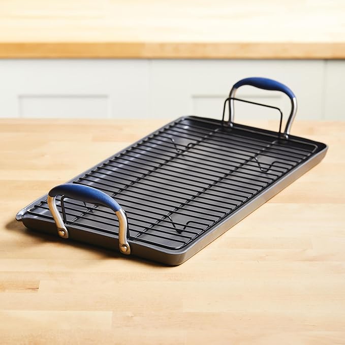 Anolon Advanced Hard Anodized Nonstick Double Burner Griddle with Multi-Purpose Rack, 10-Inch by 18-Inch, Indigo