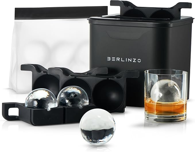 Berlinzo Ice Ball Maker Mold - 4 Clear 2.4in Whiskey Spheres, Non-Electric