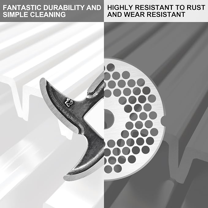 #12 Stainless Steel Grinder Plates Set with 2 Knives | 4 plates & 2 knives set,4 plates & 2 knives set,Fits standard #12 grinders,Grinds meat & makes sausages,Easy to wash & store.