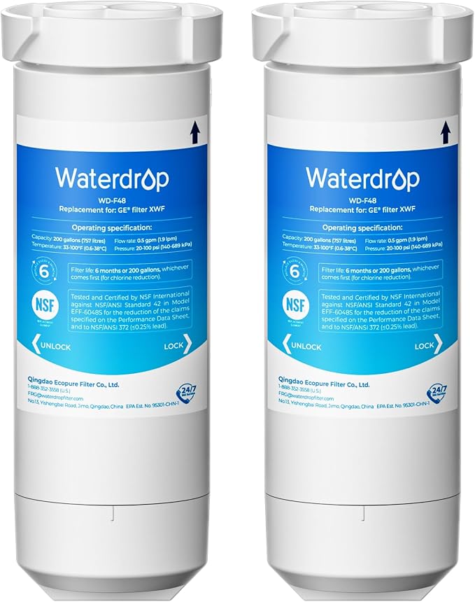Waterdrop XWF Water Filter Replacement for GE® WR17X30702, 2 Pack, No chip | NSF 42 & 372 Certified, Compatible with GE® GNE27, GFE26, GDE25, GSS25, PSE25 Series Refrigerators